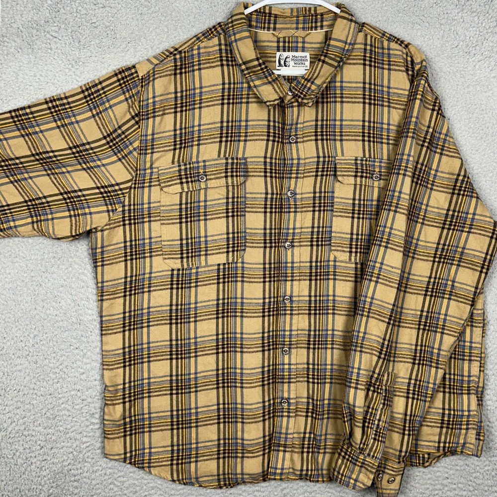 Marmot Shirt Mens 2XL Tan Blue Yellow Plaid Flannel Button Down Long Sleeve EUC